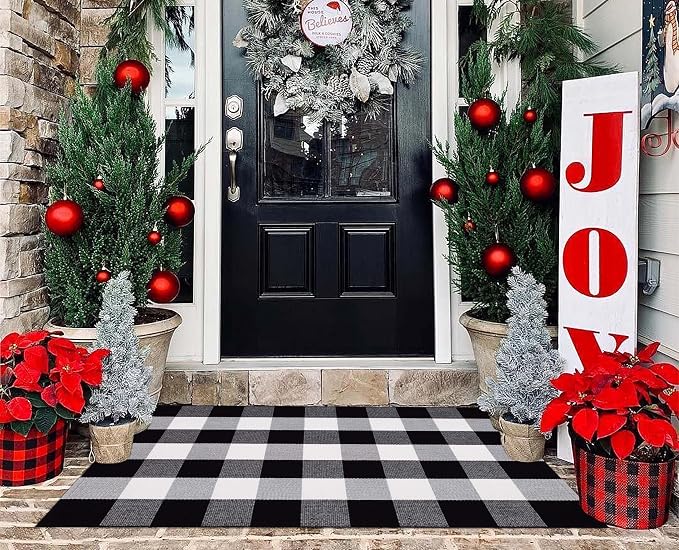 Buffalo Plaid Outdoor Rug 27.5''x 43.3''Black and White Checkered Rug Cotton Machine Washable Farmhouse Mat for Outdoor, Kitchen, Farmhouse, Entryway,Bathroom