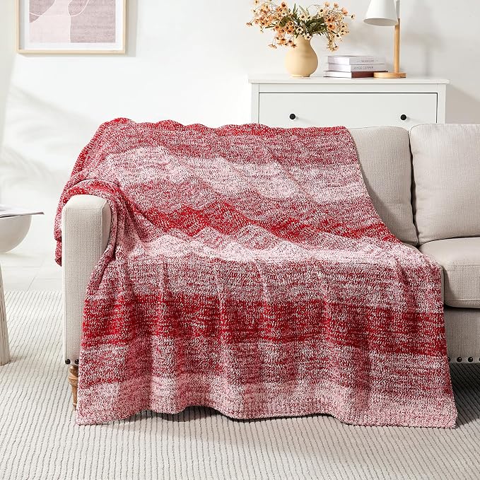 Soft Striped Throw Blanket for Couch, Cozy Warm Knitted Blankets | Lightweight Fuzzy Travel Warm Decor for Women, Mom, Girls, Sofa, Chair, 50x60in, Red Gradient