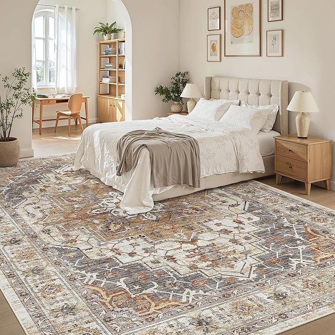 Madane 8x10 Area Rugs for Living Room, Non-Slip Washable Rug, Turmeric/Grey | Ultra-Thin Stain Resistant Vintage Large 8'X10' Carpet, Soft Low Pile Floor Mat For Bedroom Dining Room Office Home Decor