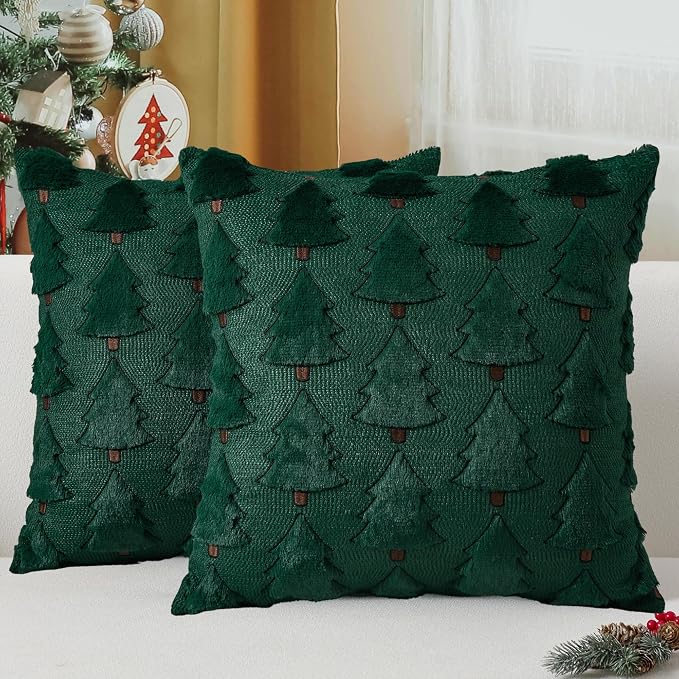 Christmas Tree Faux Fur Pillow Covers 20x20 Inch Set of 2 Embroidered