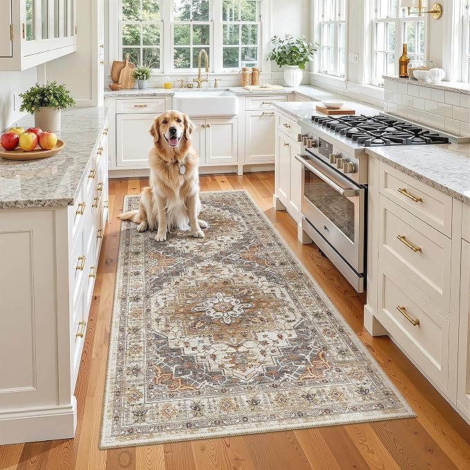 Madane Washable Runner Rug 3x6 Runners for Hallways Non Slip, Turmeric/Grey | Vintage Stain-Resistant 6 Feet Kitchen Rug, Soft Low-Pile Ultra-Thin Floor Carpet Mat for Bathroom Laundry Room Bedroom 2x6ft