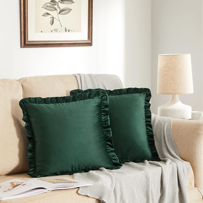 GIGIZAZA Army Green Decorative Throw Pillow Covers, 16x16 Velvet Ruffle Cushion Pillow Covers for Sofa Couch Set of 2