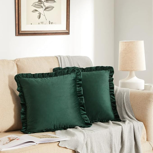GIGIZAZA Army Green Decorative Throw Pillow Covers, 16x16 Velvet Ruffle Cushion Pillow Covers for Sofa Couch Set of 2