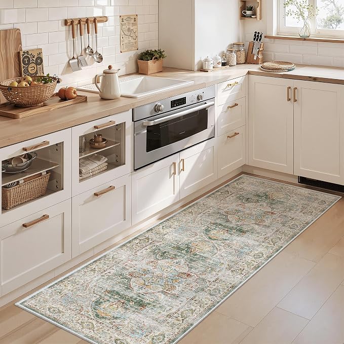 Madane Washable Runner Rug 2x6 Runners for Hallways Non Slip, Green | Vintage Stain-Resistant 6 Feet Kitchen Rug, Soft Low-Pile Ultra-Thin Floor Carpet Mat for Bathroom Laundry Room Bedroom 2x6ft