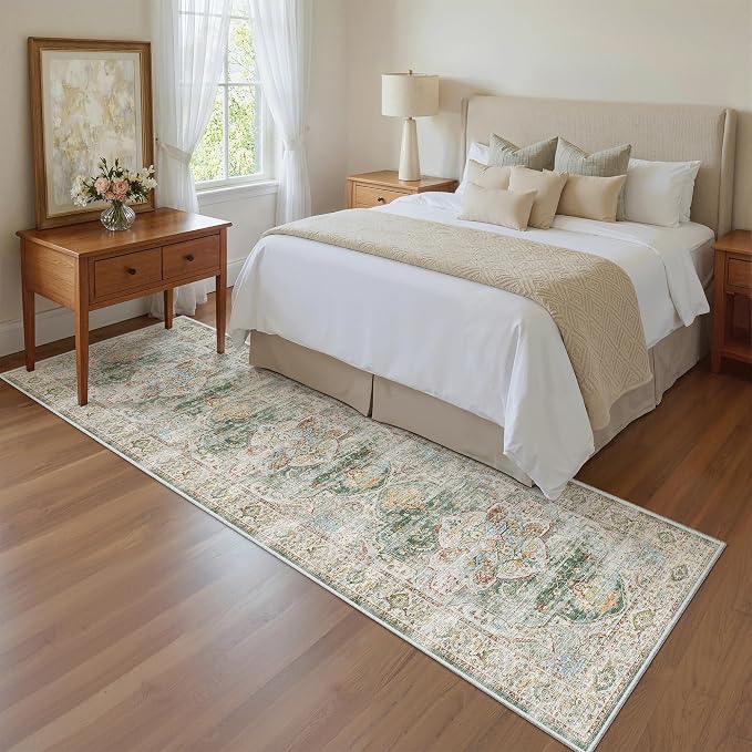 Madane Hallway Runner Rug 2x8 Washable Kitchen Rugs Non-Slip, Green | Vintage Machine Washable Low-Pile Floor Carpet 8ft, Soft Ultra-Thin Throw Entry Foyer Mat for Entrance Laundry Living Room