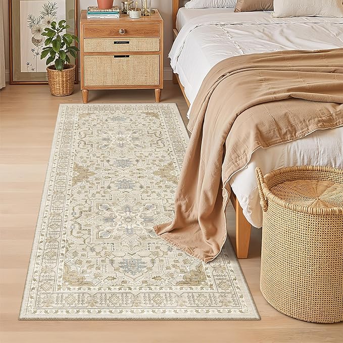 Madane Washable Runner Rug 3x6 Runners for Hallways Non Slip, Beige/Blue | Vintage Stain-Resistant 6 Feet Kitchen Rug, Soft Low-Pile Ultra-Thin Floor Carpet Mat for Bathroom Laundry Room Bedroom 2x6ft