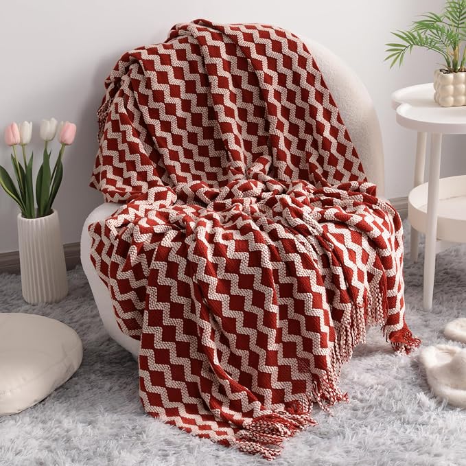NTBAY Acrylic Knit Throw Blanket, 51 x 67, Red and White Striped | Lightweight Acrylic Wave-Knit Throw with 7 Inch Tassels for Sofa, Bed, Reading, Travel, and Decorative Layering