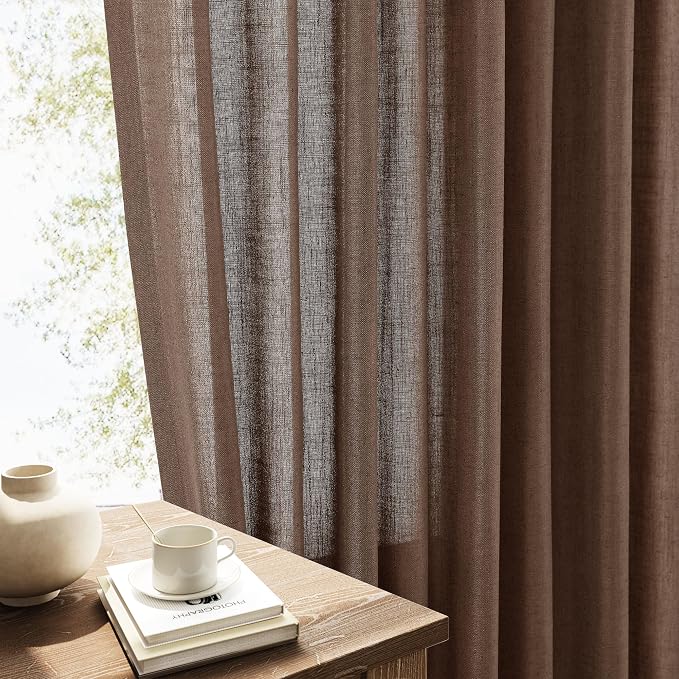 Linen Curtains 90 Inches Long for Living Room Semi Sheer Light Filtering Curtain Back Tab Rod Pocket Neutral Boho Modern Farmhouse Window Drapes for Bedroom 52x90 2 Panels Caramel Brown