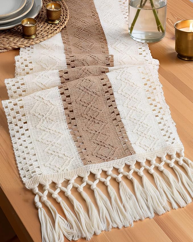 Pureegg Farmhouse Boho Table Runner 12 x 72 Inch, Brown | Dining Table Decor, Kitchen, Coffee Table, Linen Textured, Woven Tassel Table Runner