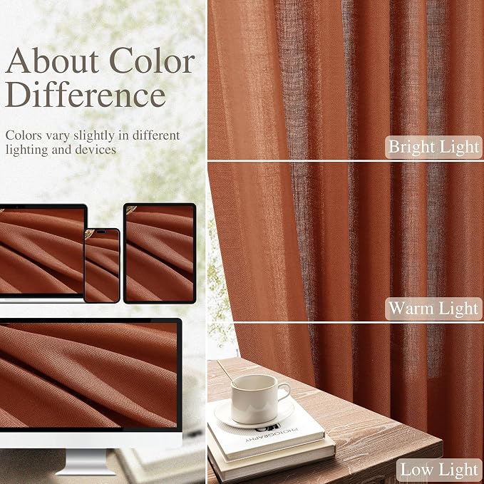 Extra Long Linen Curtains 102 Inches for Living Room Back Tab Semi Sheer Floor to Ceiling Light Filtering Curtain Boho Farmhouse Decor Window Drapes for Bedroom 2 Panels Terracotta