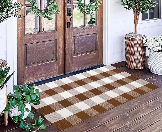 Coffee and White Outdoor Rug 24''x51''Checkered Plaid Front Porch Rug Cotton Woven Washable Door Mat Outdoor for Layered Doormat Hello Welcome Door Mat Kitchen Farmhouse Entryway