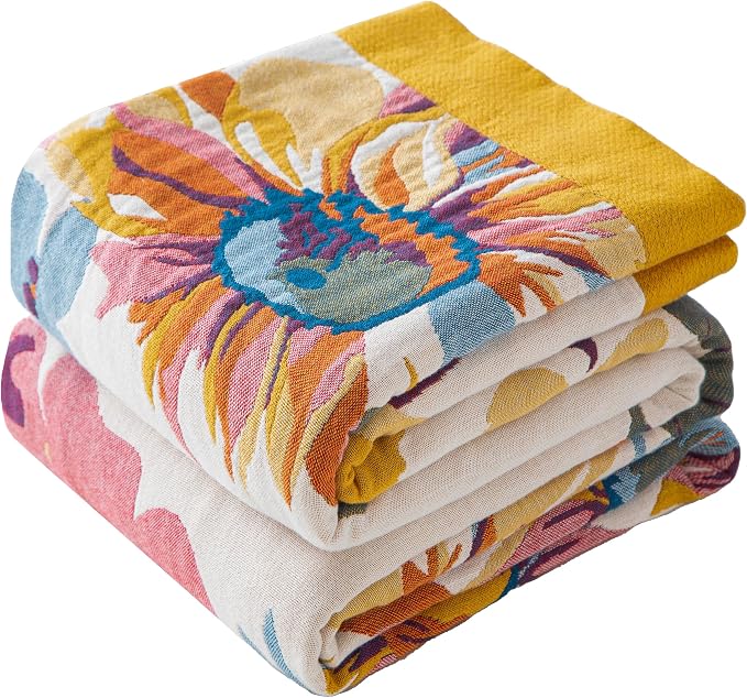 Phuryllic Boho Throw Blanket Throw Size, Soft Cozy Cotton Muslin Quilt Blanket for Bed Decor, Floral Patterned Couch Sofa Chair Cover, Vintage Farmhouse Cottage Tapestry Woven Blanket, Yellow&Blue