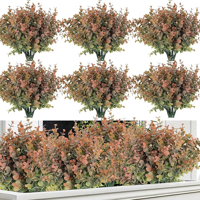RECUTMS 20 Bundles Artificial Eucalyptus Greenery Stems 13In Dusty Orange | Plastic Boxwood Shrub,No Maintenance,Long-term Reuse,Table Arrangement,Fall Outdoor Planter Farmhouse Garden Window Box Decor