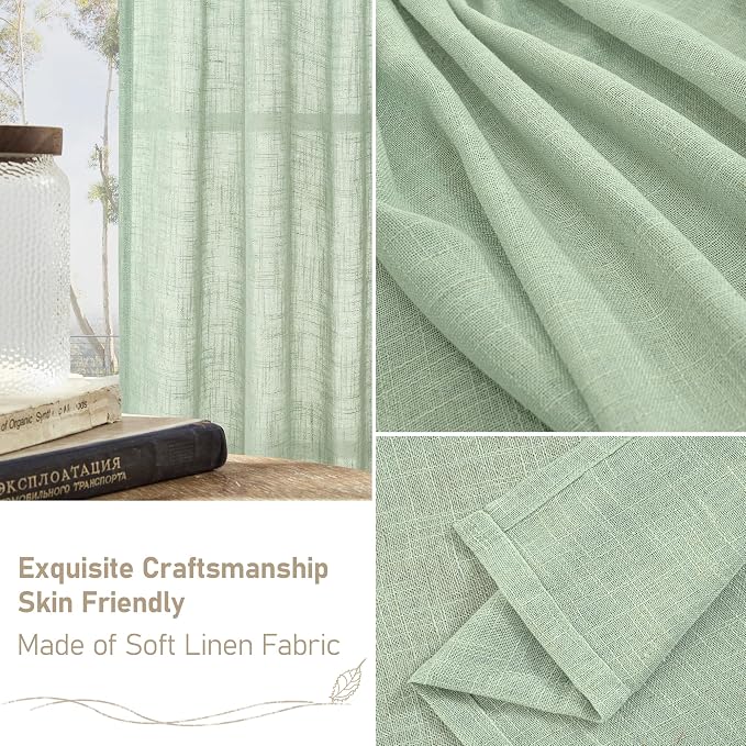 95 Inches Long Fresh Green Linen Curtains for Living Room, 2 Panels | Rod Pocket Back Tab, Semi Sheer Curtains, Light Filtering Farmhouse Drapes for Bedroom, Dining Room, 52 x 95 Inch