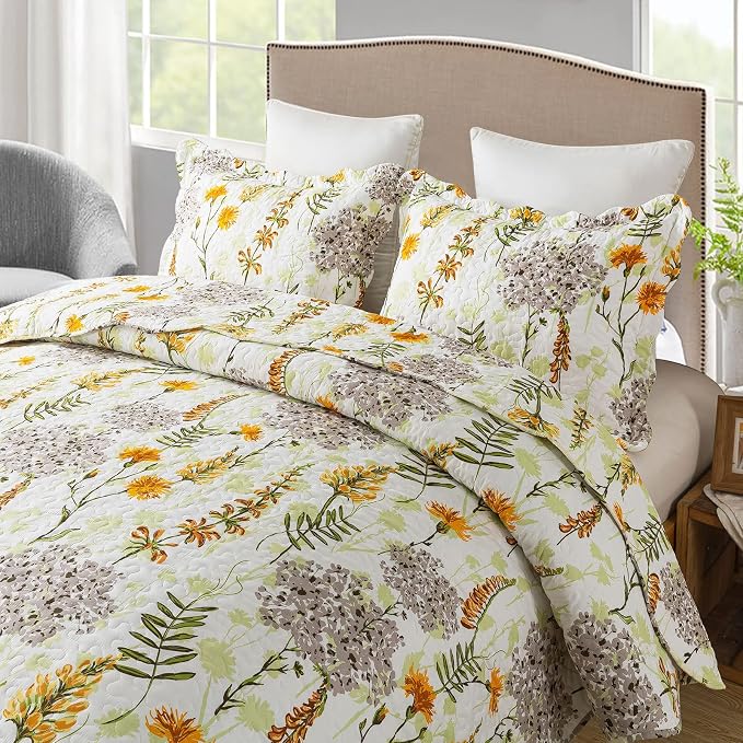 NEWLAKE Quilt Bedspread Sets-Yellow Flower Pattern Reversible Soft Coverlet Set,King Size