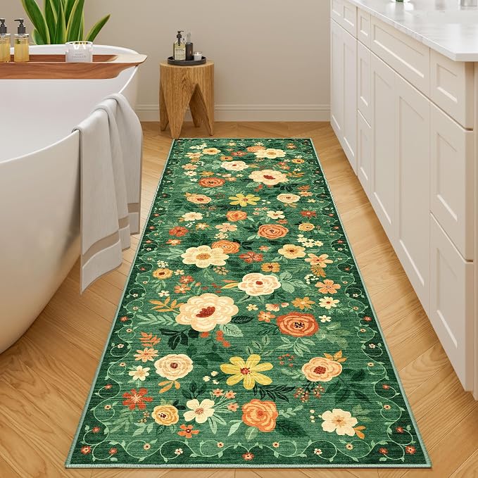DUKINO 2.6x8 Runner Rug, Washable Rug for Hallway Non Slip, Dark Green | Low Pile, Soft, Floral Indoor Rug for Kitchen, Entryway, Bedroom, Bathroom, Pet Friendly, Stain Resistant, Modern Home Decor