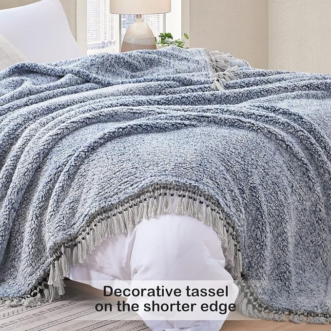 Ultra Soft Fleece Sherpa Blanket King Size,Lightweight Cozy Boho Bed Blanket with Decorative Tassel, Pattern Reversible, 2 Tones Ombre Blue,104”x90”