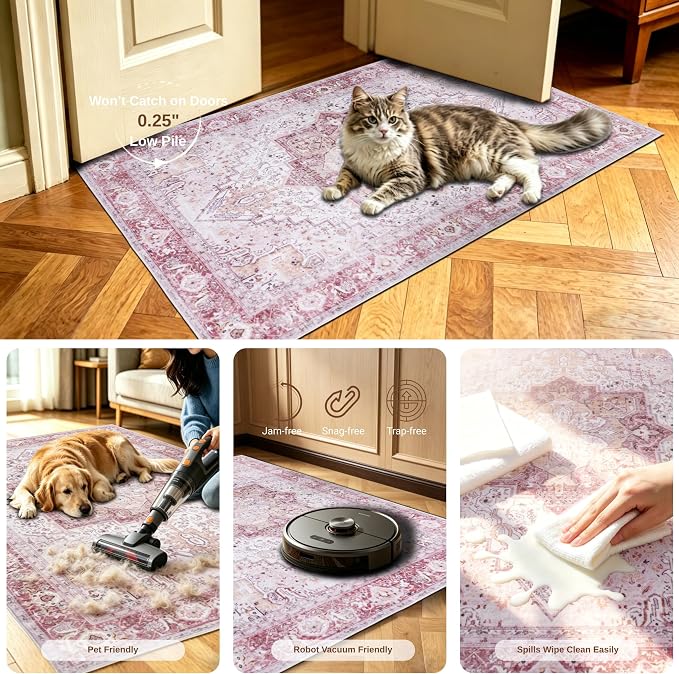 Pink Runner Rug 2x6, Washable Runners for Hallways Non Slip | Soft faux wool, machine washable & stain resistant. Non-slip rubber backing, low pile. For hallway, kitchen, bedroom.