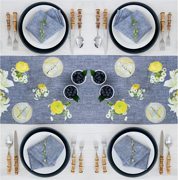 Solino Home 100% Pure Linen Table Runner Indigo Long, Athena 14 x 156 in | a graceful centrepiece for dining and gatherings, European flax fibres, gift ready packaging, soft, fine, OEKO-TEX Certified