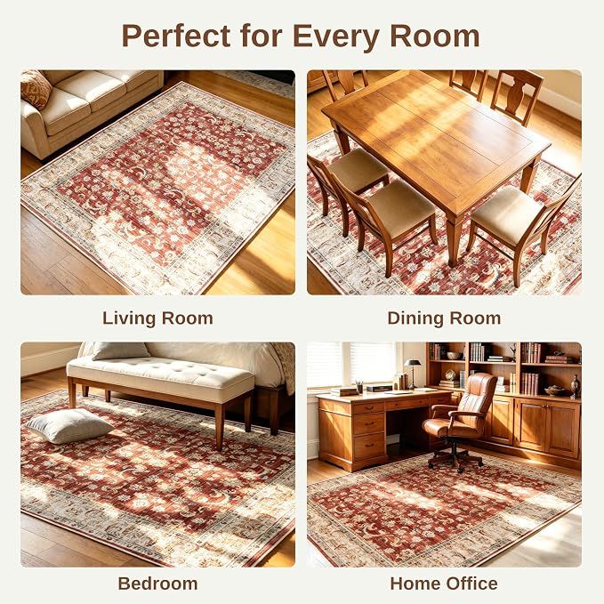 5x7 Washable Rug for Living Room, Non Slip Carpet for Bedroom | Soft faux wool, machine washable & stain resistant. Non-slip rubber backing, low pile. For living room, bedroom, office.Red.