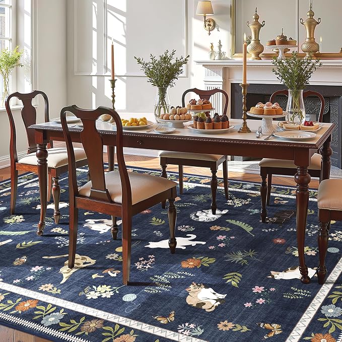 AIMPEAK 5x7 Washable Area Rug - Non Slip Low Profile Cat Floral Boho Carpet for Living Room, Bedroom, Farmhouse, Dining Room, Kids Playroom, Nursery, Vintage, Navy Blue Multi