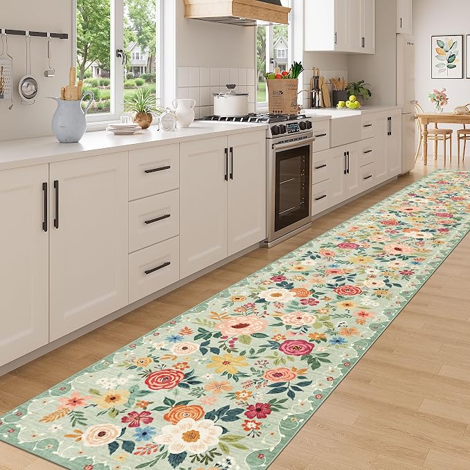 DUKINO 3x20 Runner Rug for Hallway, Floral Washable Long Runner Rug, Green | Non Slip, Low Pile, Indoor Rug Runner for Kitchen, Entryway, Bedroom, Bathroom, Laundry, Pet Friendly, Home Decor, Ultra-Thin