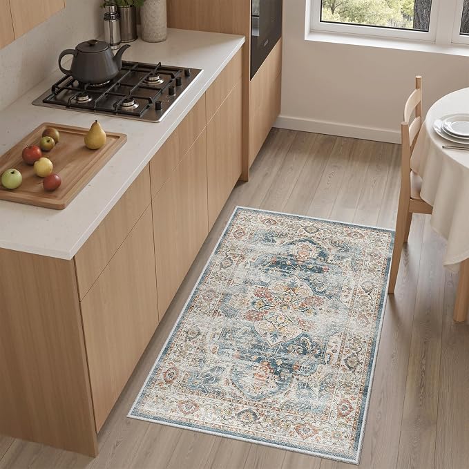 Madane Washable Area Rug 2x3 Small Entryway Rugs Non-Slip, Navy | Vintage Stain-Resistant Door Mat Indoor Entrance, Low Pile Floor Carpet for Inside Front Bedroom Kitchen Entry Laundry, Stair