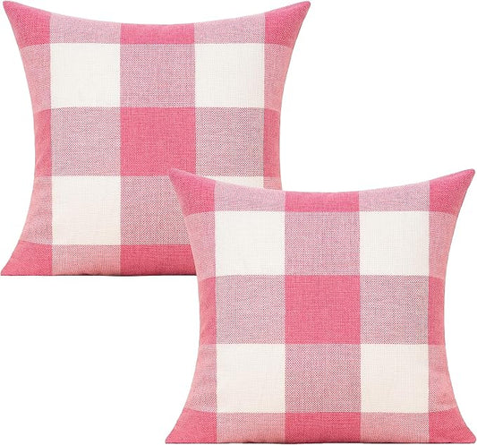VAKADO Pink White Outdoor Farmhouse Buffalo Plaids Decorative Throw Pillow Covers Retro Checked Square Cushion Cases Classic Coffee Check Home Decor for Couch Sofa Patio 24x24 Inch Pack of 2