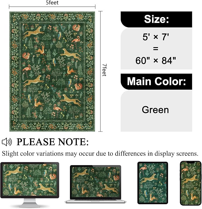 DUKINO 5x7 Area Rugs, Washable Animal Rug for Living Room Non Slip, Green | Low Pile, Soft Indoor Carpet for Bedroom, Kids Room, Dining Room, Pet Friendly, Farmhouse, Stain Resistant, Non-Shedding
