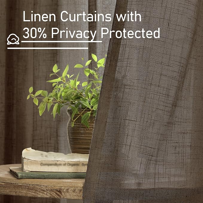 Semi Sheer Linen Curtains 45 Inches Long for Bedroom 2 Panels | Dark Brown, Light Filtering Panels, Linen Textured, Curtains for Kitchen, Chocolate Decor, Bronze Grommet, 52 x 45 Inch