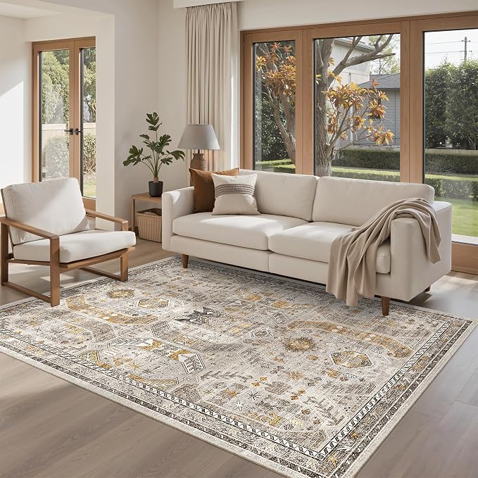 Madane Area Rug 4x6 Washable Rugs Vintage for Living Room, Brown/Gold | Ultra-Thin Stain Resistant Vintage Large 4'X6' Carpet, Soft Low Pile Floor Mat For Bedroom Dining Room Office Home Decor
