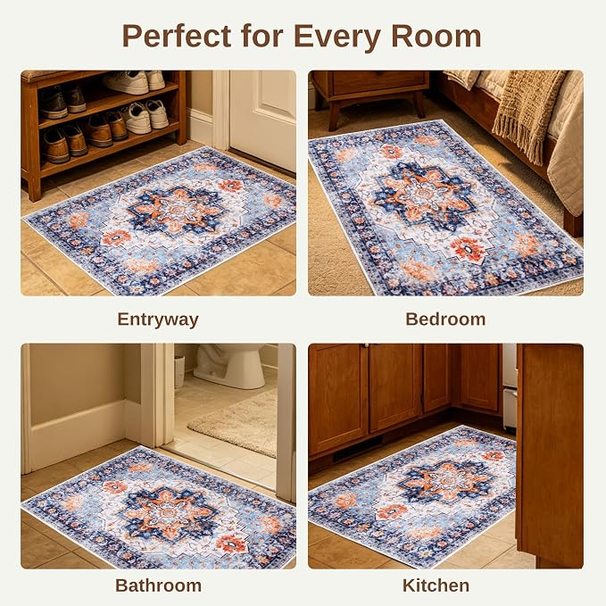 2x3 Entryway Rug, Non Slip Indoor 2x3 Washable Rug | Soft faux wool, machine washable & stain resistant. Non-slip rubber backing, low pile. For entryway, kitchen, hallway.Blue.