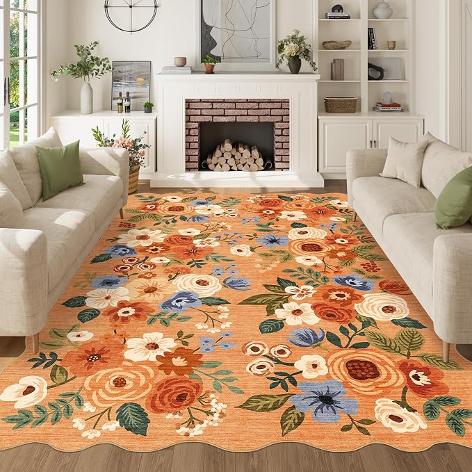DUKINO 6x9 Area Rugs, Floral Washable Rug for Living Room Non Slip, Orange | Low Pile, Stain Resistant, Soft Indoor Large Rugs for Bedroom, Dining Room, Kids Playroom, Nursery, Pet Friendly, Home Decor