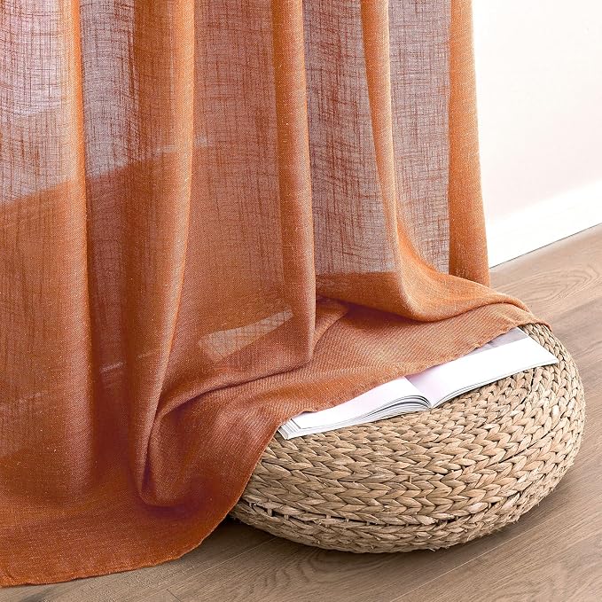MIULEE Orange Fall Curtains 52x84 Inch 2 Panels for Bedroom Living Room | Soft Thick Linen Textured Window Drapes, Semi Sheer Light Filtering, Back Tab Rod Pocket, Burlap Look Fall Boho Decor