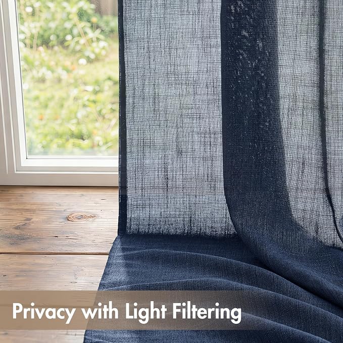 MIULEE Navy Blue Back Tab Linen Curtains 4 Panels 42W x 84L | Linen material, light filtering, rod pocket back tab hanging, farmhouse decor for living room bedroom