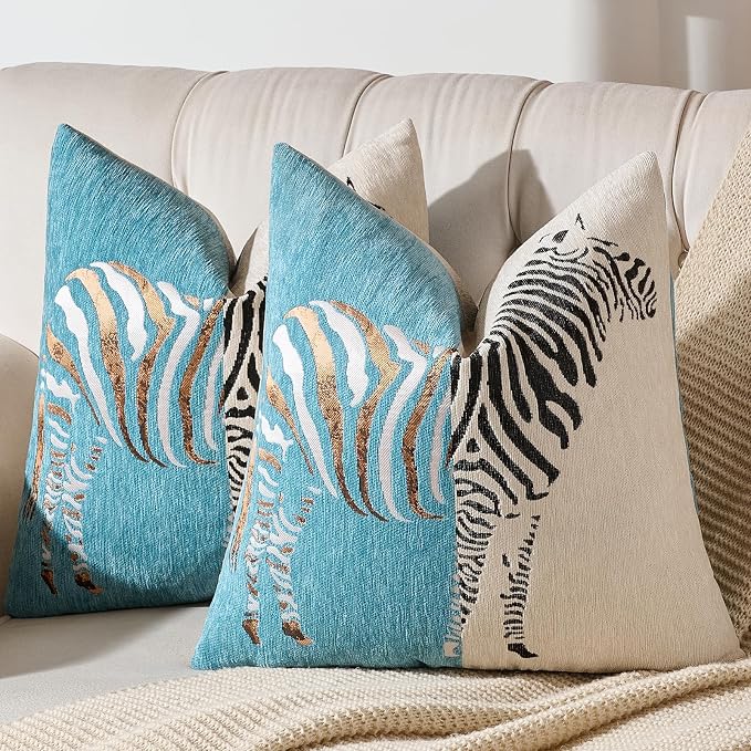 AmHoo Set of 2 Throw Pillow Covers Zebra Chenille Patchwork Decorative Pillows Cover Pillowcase for Sofa Couch Bed 18 x 18-Inch Coastal Shade