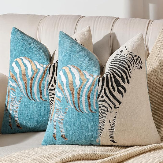 AmHoo Set of 2 Throw Pillow Covers Zebra Chenille Patchwork Decorative Pillows Cover Pillowcase for Sofa Couch Bed 18 x 18-Inch Coastal Shade