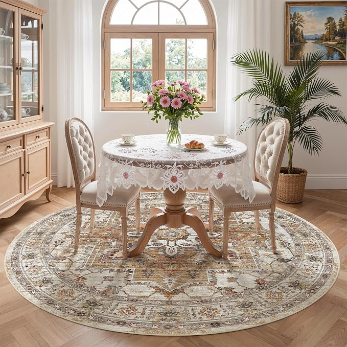 Madane Washable 5ft Circle Round Rug, 5x5 Circular Area Rugs, Turmeric/Grey | Non-Slip Vintage Floor Carpet for Living Room Dining Room, Low Pile Home Decor Mat For Bedroom Office Under Table