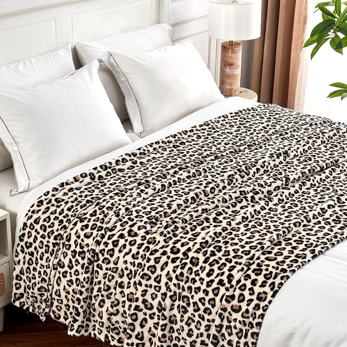 Edenleaf Leopard Print Blanket Fleece Throw for Bed Sofa Travel and Camping, Super Soft Cozy Fluffy Plush Cheetah Print Blanket for All Seasons 50"x60" (Cream)