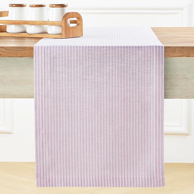 Solino Home 100% Pure Linen Table Runner, 14 x 132 in, Pink, Narrow Stripe | a graceful centrepiece for dining and gatherings, woven stripe, European flax fibres, machine washable, OEKO-TEX Certified