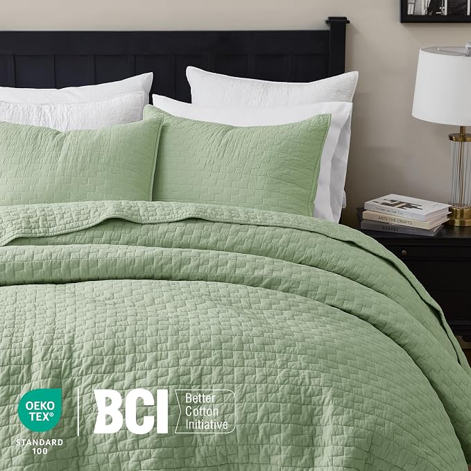 palassio Sage Green 100% Cotton Quilt King Size Bedding Sets with 2 Pillow Shams, Textured Lightweight Soft Bedspread Shabby Chic Coverlet, Quilted Comforter Bed Cover for All Season, 3 Pieces