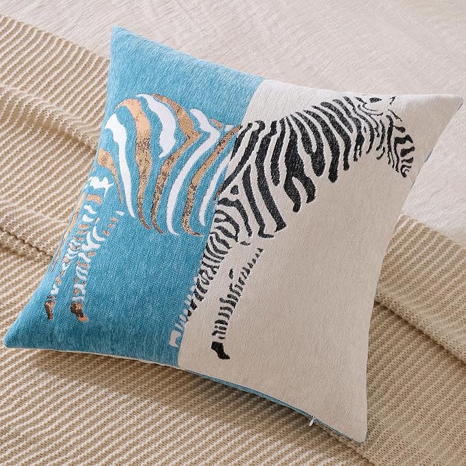 AmHoo Set of 2 Throw Pillow Covers Zebra Chenille Patchwork Decorative Pillows Cover Pillowcase for Sofa Couch Bed 18 x 18-Inch Coastal Shade