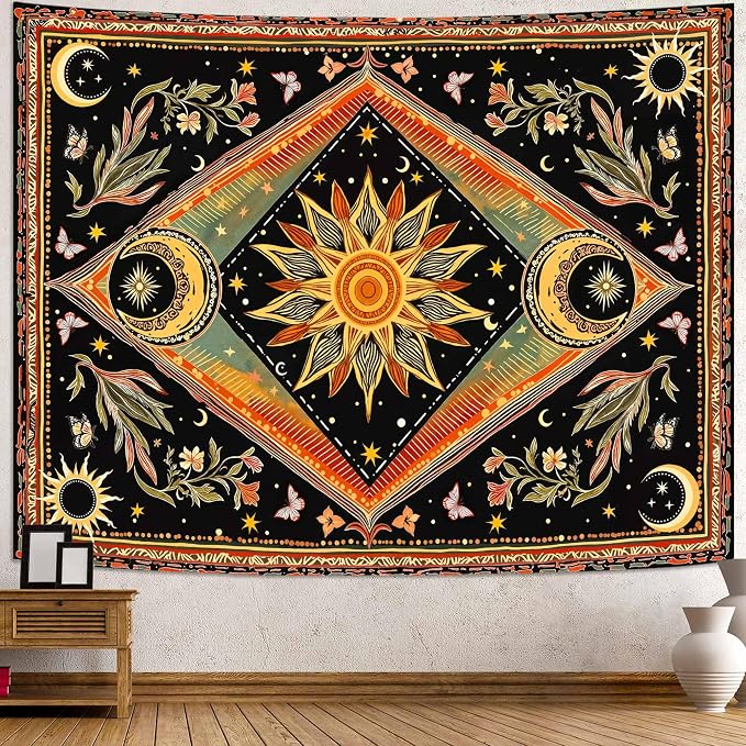 Accnicc Hippie Sun and Moon Tapestry Boho Mandala Floral Wall Tapestry for Bedroom Aesthetic Vintage Plant Celestial Colorful Small Tapestries Wall Hanging for Dorm Living Room Decor 60 x 44 Inch