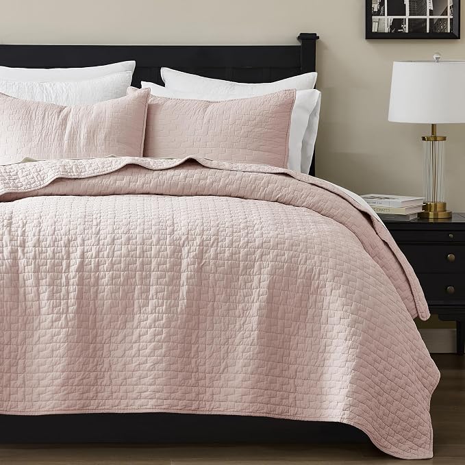 palassio Pink 100% Cotton Quilt King Size Bedding Sets with 2 Pillow Shams, Textured Lightweight Soft Bedspread Shabby Chic Coverlet, Quilted Comforter Bed Cover for All Season, 3 Pieces