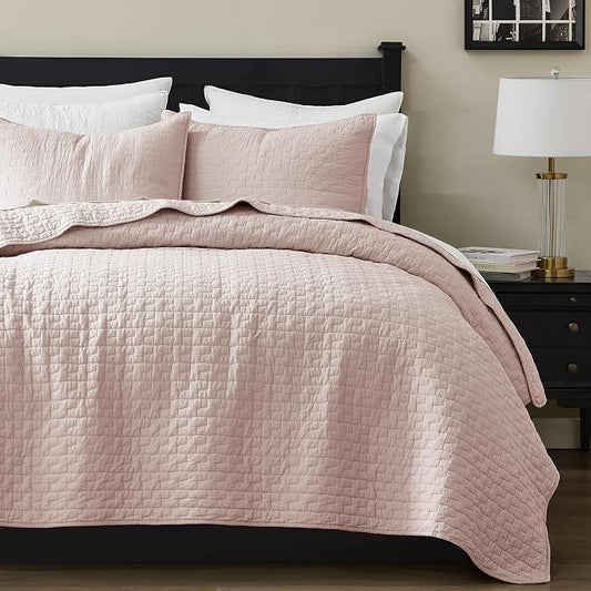 palassio Pink 100% Cotton Quilt Queen Size Bedding Sets with 2 Pillow Shams, Textured Lightweight Soft Bedspread Shabby Chic Coverlet, Quilted Comforter Bed Cover for All Season, 3 Pieces