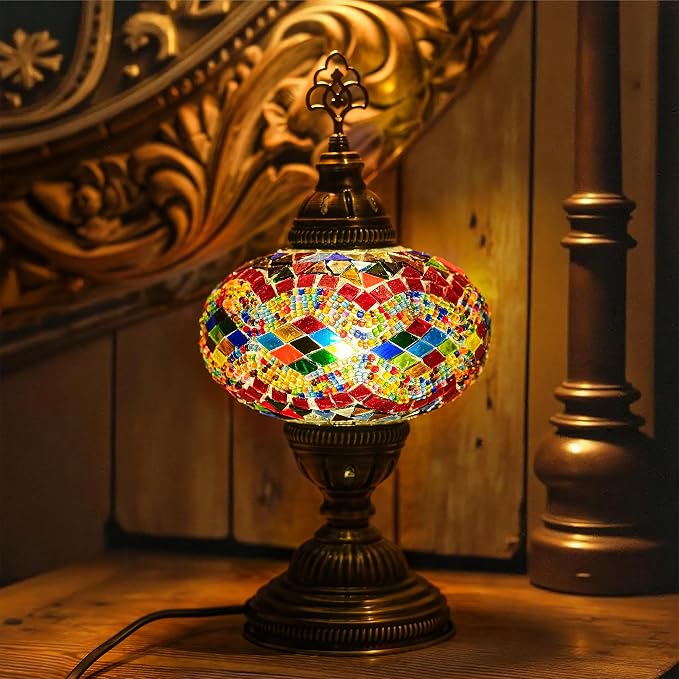 Moroccan Turkish Lamp – Colorfull Mosaic Glass Bedside & Desk Light, Handcrafted Vintage Home Decor with E12 Socket
