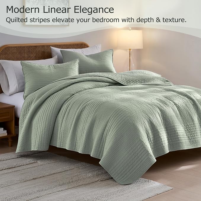 palassio Striped Sage Green 100% Cotton Quilt Queen Size Bedding Sets, Lightweight Crinkly Channel Pick Stitch Textured Bedspread Soft Shabby Chic Farmhouse Country Coverlet for All Season, 2 Shams
