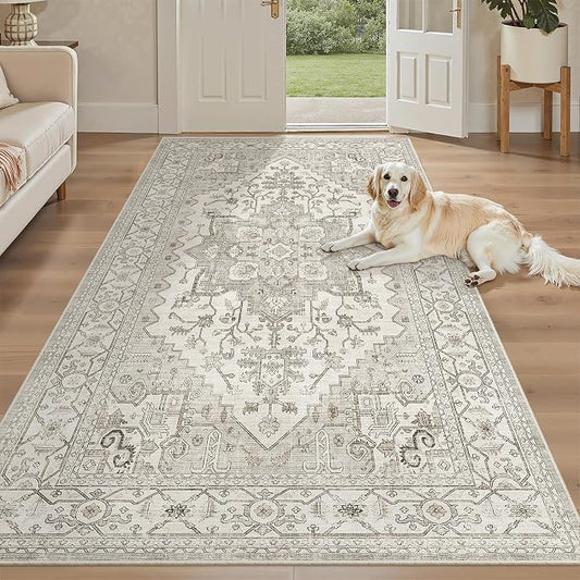 Madane 4x8 Wide Hallway Runner Rug Washable for Living Room, Beige/Brown | Soft Stain Resistant Ktichen Runners 8ft, Vintage Non Slip Low Pile Area Rugs, Thin Floor Carpet for Bathroom Dining Bedroom