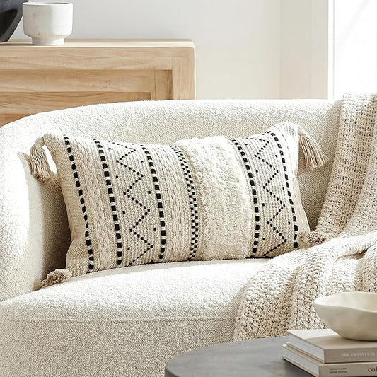 BlissBlush 12x20 Lumbar Pillow Cover, Cream Neutral Rectangular Decorative Cushion Cover with Black Pattern, Cotton Boho Accent Pillowcase with Tassels for Couch Sofa Living Room (Cover Only)