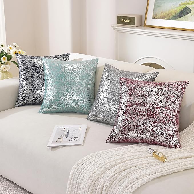 Gyulin Pack of 4,Silver Velvet Throw Pillow Covers 18x18 Inches, Sparkle Silver Foil Print Solid Square Pillow Covers Cushion Covers for Couch Sofa Home Bedroom Decor, Light Pink